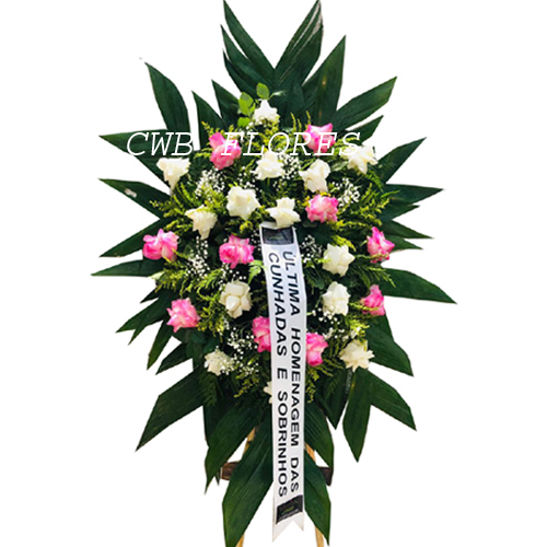 4204 Coroa para funeral com rosas brancas e cor de rosas 