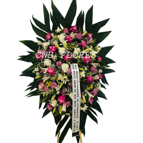 4206 Coroa para funeral com rosas brancas e rosas cor de rosas 