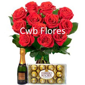 4468 Arranjo de flores vermelhas chocolate e Espumante 