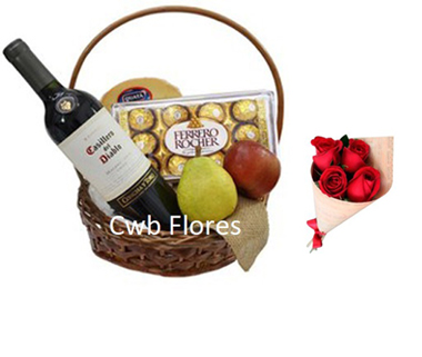 4475 Cesta de presente com vinho e flores 