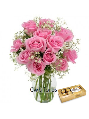 4485 Arranjo de rosas cor de rosa com chocolate
