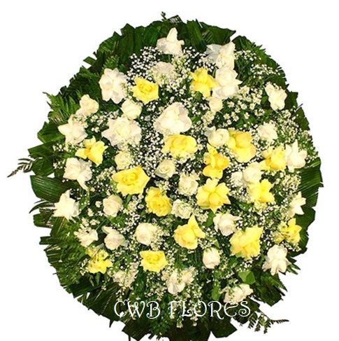4974 Coroa de rosas brancas e amarelas 